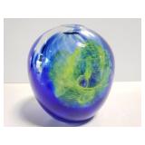 Signed blue/yellow swirled glass vase