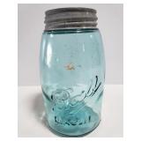 Blue glass Ball jar with metal lid