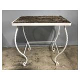 White metal patio side table w/ weathered wood top
