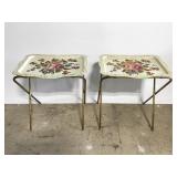 Vintage floral painted metal tray table pair