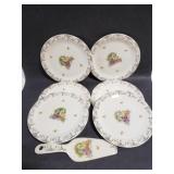 Six vintage dessert plates and cake server