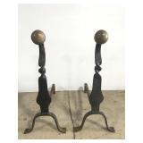 Old wrought iron and brass ball andiron pair