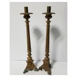 Antique holy family tall brass candlesticks pair