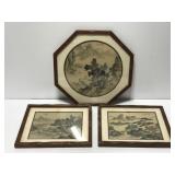 Three piece vintage Asian framed fabric art set