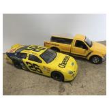 Diecast 8 inch yellow race car and pick up truck
