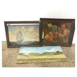 Vintage artwork trio w/ two frames
