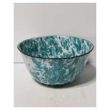Enameled steel aqua/white swirl mixing bowl.