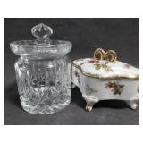 Clear glass jar and porcelain covered dish