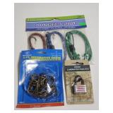 Bungee cords, lamp chain and padlock