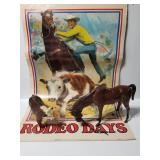 Vintage rodeo poster + horse & bull figures