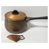 Hammered copper pan w/lid & copper scoop