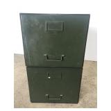 Two military green metal stacking file boxes