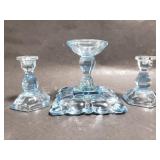Blue glass candlestick holder trio