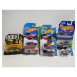 Six Hot wheels cars in pkg. 1 robot car in pkg.