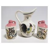 Ceramic rooster salt/pepper shakers & creamer