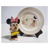 Vintage Minnie Mouse toy and Mickey & Pluto plate