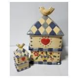 Ceramic birdhouse cookie jar w/salt & pepper