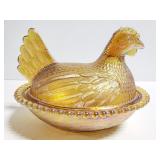Carnival glass hen in basket dish