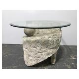 Faux stone end table w/ tempered glass top