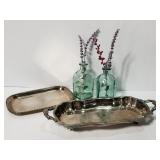Silverplated trays & glass bottles
