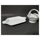 Milk glass tray and porcelain basket