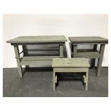 Distressed real wood side tables & mini bench