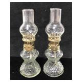 Two miniature glass oil lamps