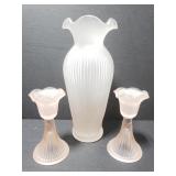 Frosted ruffle vase and candlestick holders