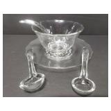 Clear glass bowl & plate with 3 glass spoons