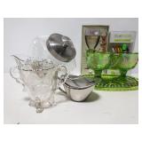 Carnival glass, wine charms and kitchen canister