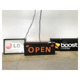 Light up Open, LG and Boost mobile signs