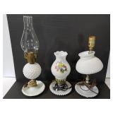 Three vintage white glass hobnail lamps