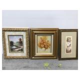 Set of three gold framed pictures