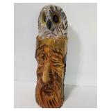 Owl & old man face carved log art