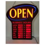 Hanging illuminated business hours sign
