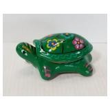 Painted glazed clay turtle trinket box