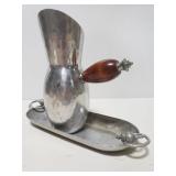 Metal pitcher with wood handle ans tray