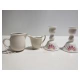 Small ceramic creamers and candlesticks