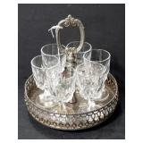 Six clear cordial glasses w/metal tray