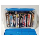 Plastic bin with 28 DVD