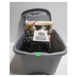 Small bin with Christmas ornaments and hooks