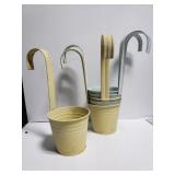 Six metal buckets with hanger hooks