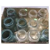 Box of 12 vintage glass mason jars - aqua & clear