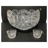 Large ornate glass punch bowl, 18 cups & ladel