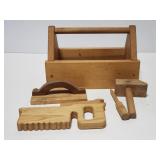 Childrens toy wood tool caddy with tools