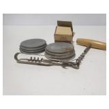 Primitive kitchen wares w/ milk glass canning lids