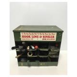 Old metal tool storage bin with contents