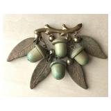 Vintage metal branch brooch w/ wood acorn leaves