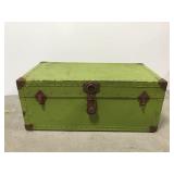 Vintage green wood & metal footlocker trunk