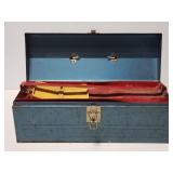 Blue metal tool box with contents